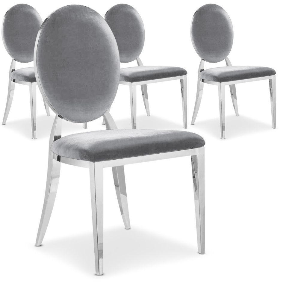 Chaise médaillon effet miroir et velours gris Louis XVI - Lot de 4 - Photo n°1