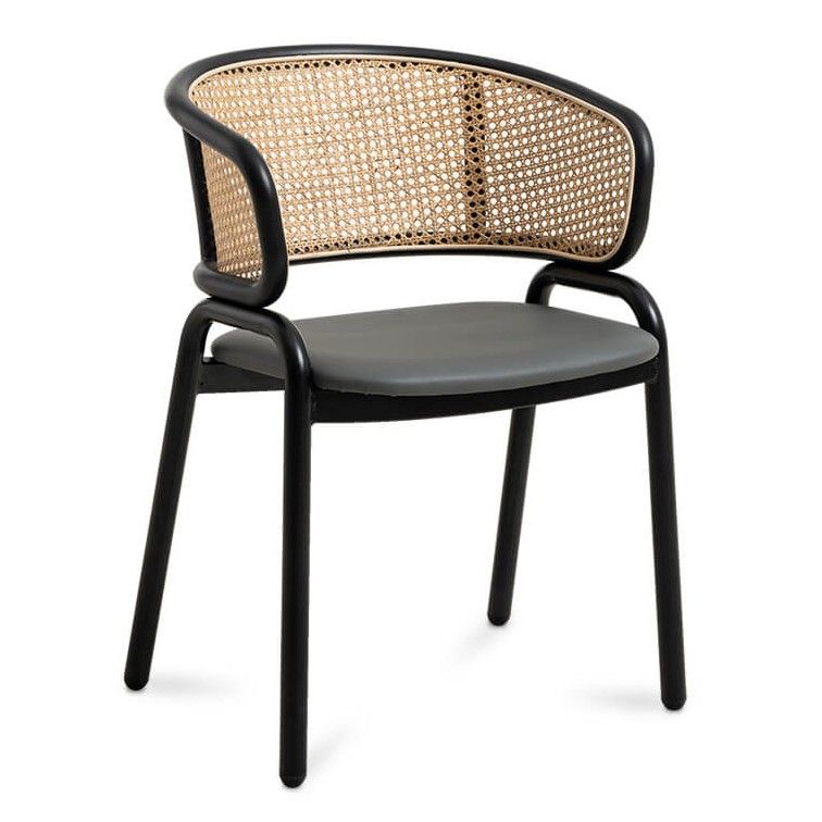 Chaise métal laquée noir et rotin naturel Koby - Photo n°1