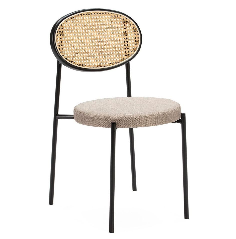 Chaise tissu gris avec rotin naturel et métal noir Hery - Photo n°1