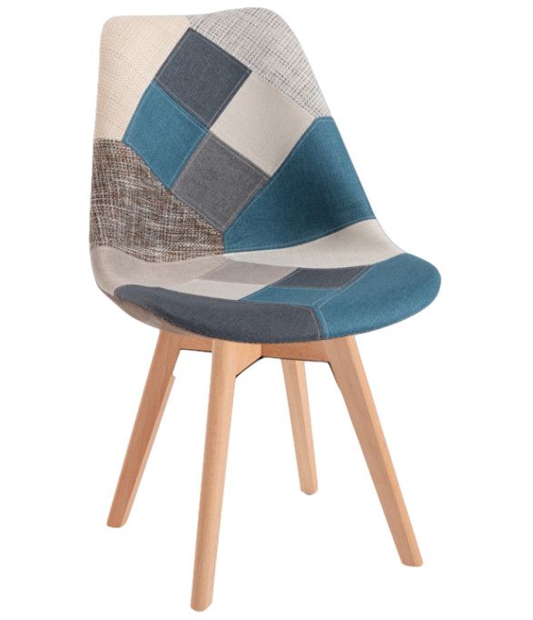 Chaise tissu patchwork bleu et pieds hêtre massif clair Kaby - Photo n°1