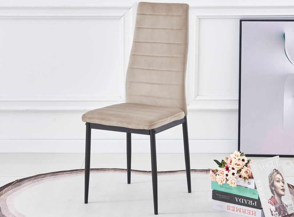 Chaise velours beige matelassé et pieds acier noir Roba - Lot de 6 - Photo n°1