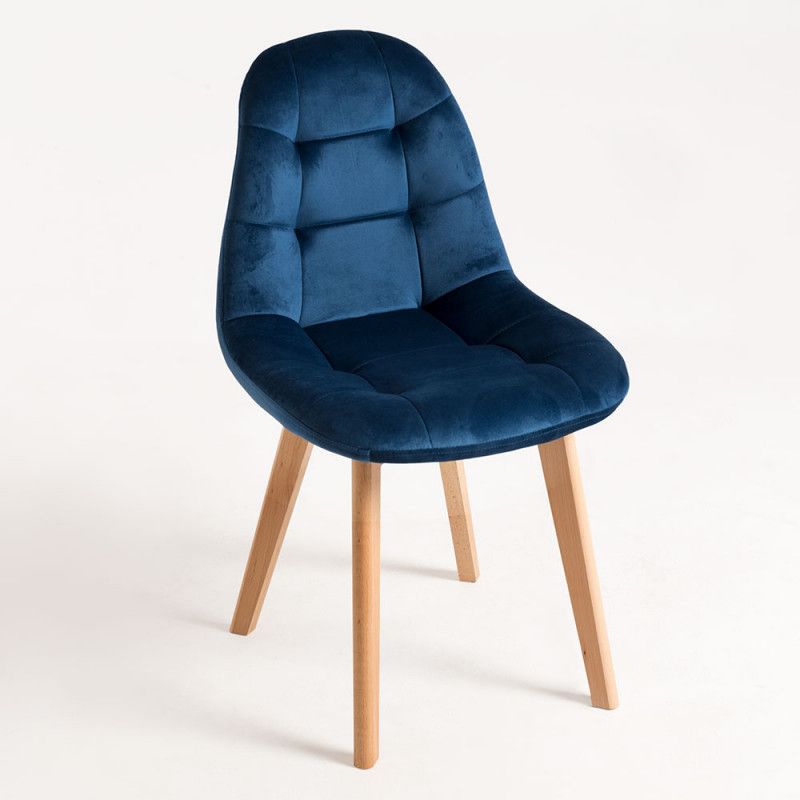 Chaise velours bleu azur et pieds hêtre massif clair Wany - Lot de 2 - Photo n°1
