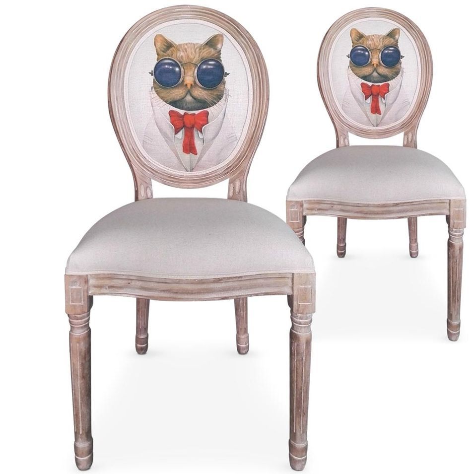Chaises médaillon Assise Velours Chat Beige - Photo n°1