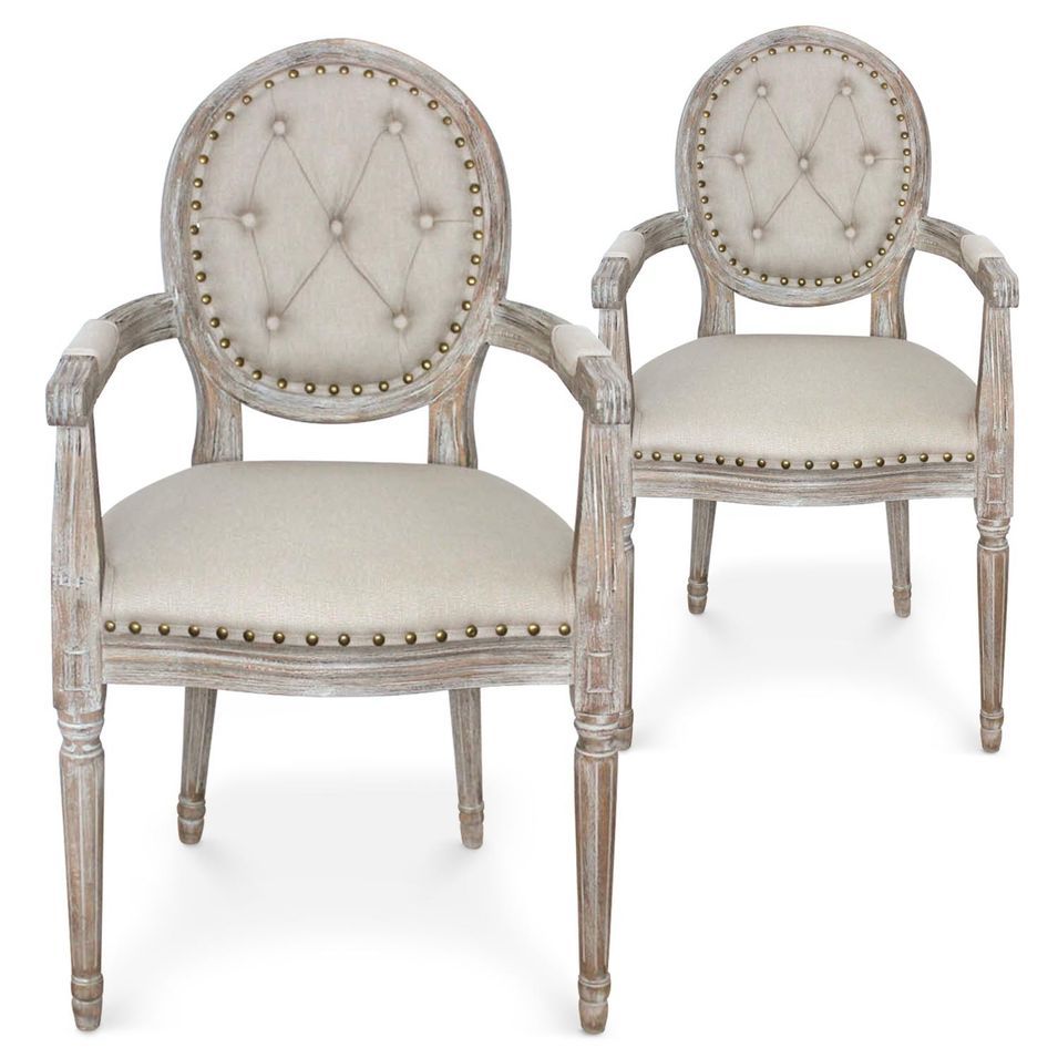 Chaises médaillon Louis XVI tissu beige clouté - Lot de 2 - Photo n°1