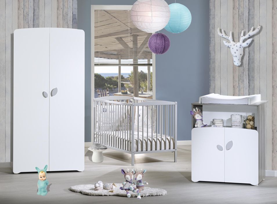 Chambre bébé 3 pièces bois laqué blanc et chêne silex Leaf 60 - Photo n°1