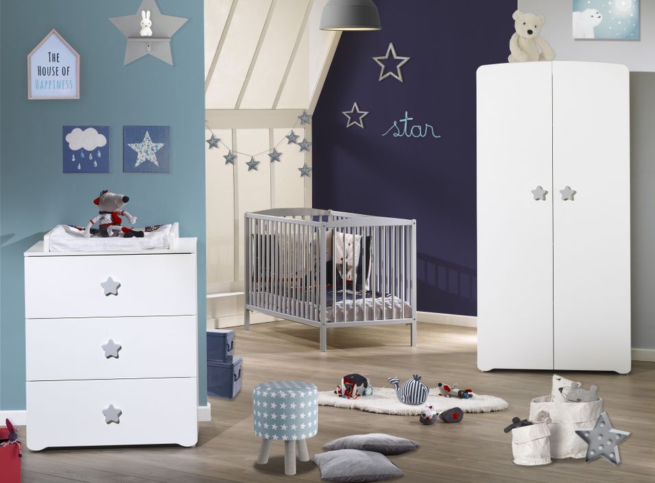 Chambre bébé 3 pièces bois laqué blanc et chêne silex New nao 60 - Photo n°1
