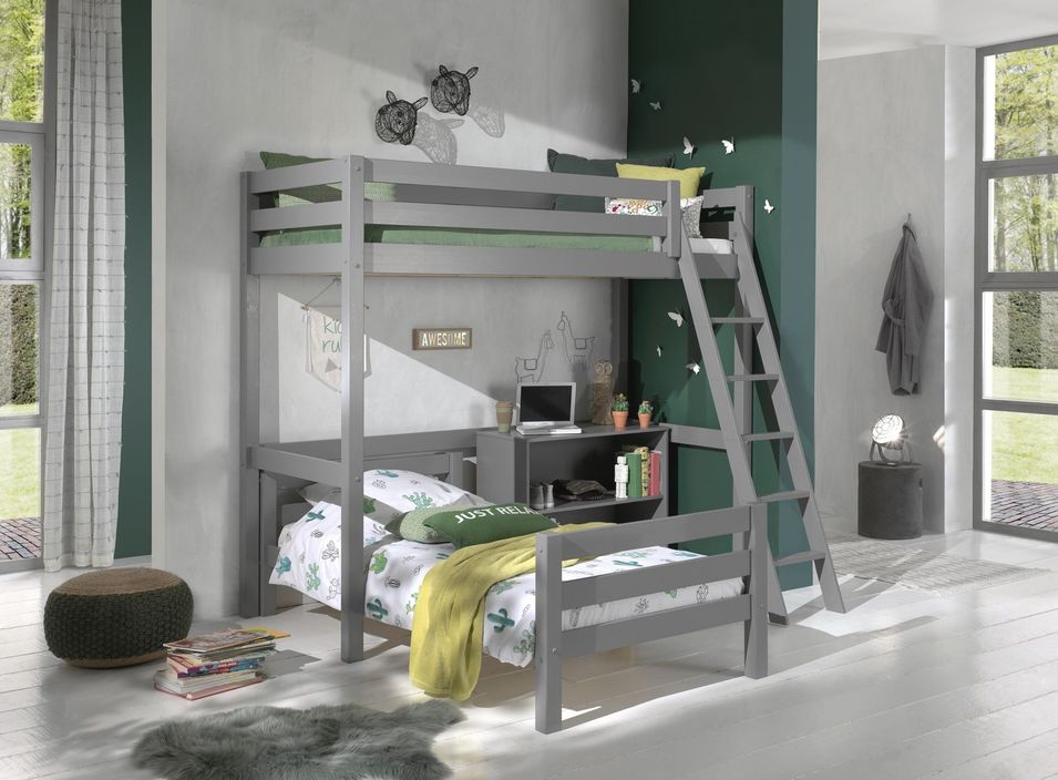 Chambre enfant 3 pièces lit mezzanine lit simple et bibliothèque pin massif gris Pino 90x200 cm - Photo n°1