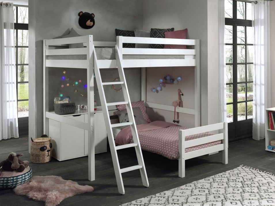 Chambre enfant 3 pièces lit mezzanine lit simple et commode 2 portes pin massif blanc Pino 90/140x200 cm - Photo n°1