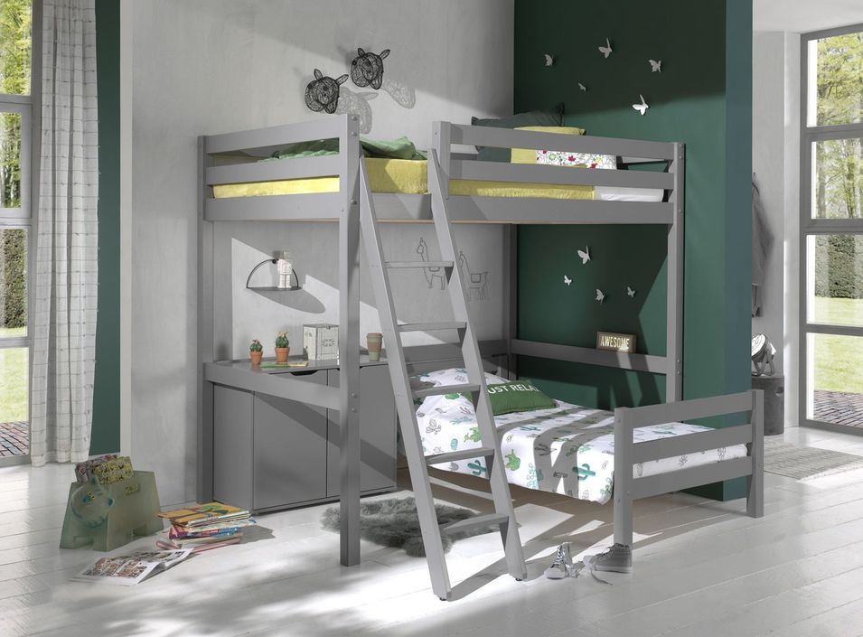 Chambre enfant 3 pièces lit mezzanine lit simple et commode 2 portes pin massif gris Pino 90/140x200 cm - Photo n°1