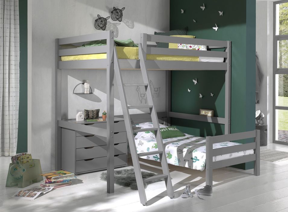 Chambre enfant 3 pièces lit mezzanine lit simple et commode 4 tiroirs pin massif gris Pino 90/140x200 cm - Photo n°1