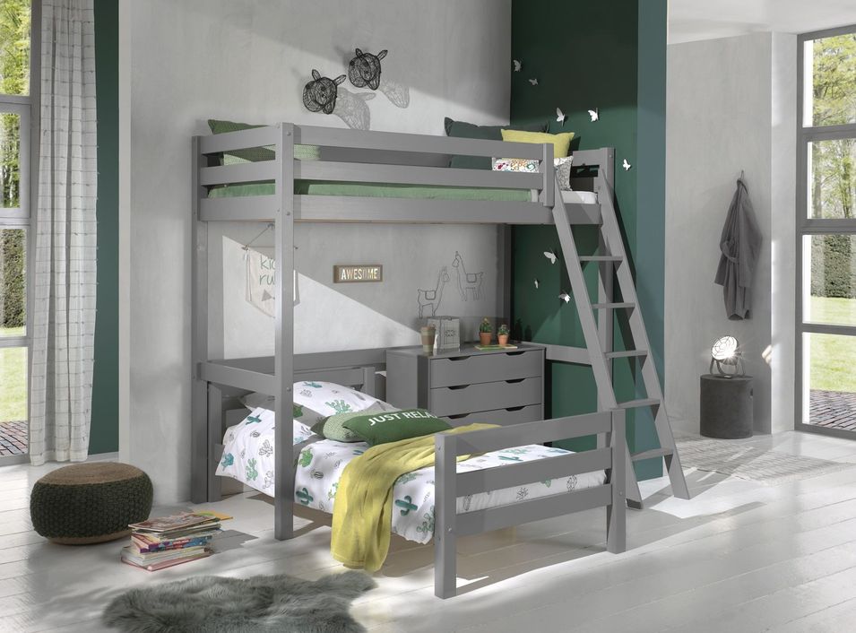 Chambre enfant 3 pièces lit mezzanine lit simple et commode 4 tiroirs pin massif gris Pino 90x200 cm - Photo n°1