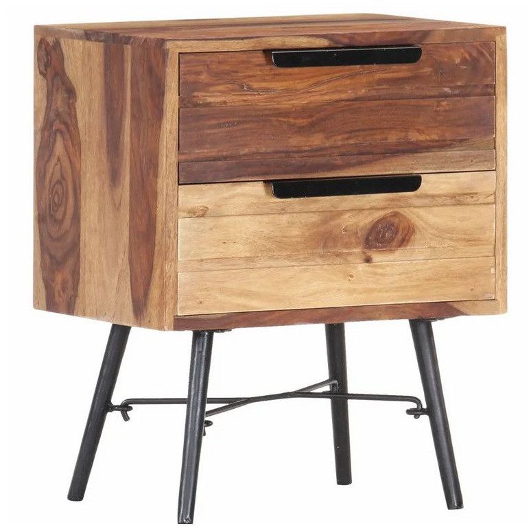 Chevet 2 tiroirs bois massif clair et pieds métal noir Noukka - Photo n°1
