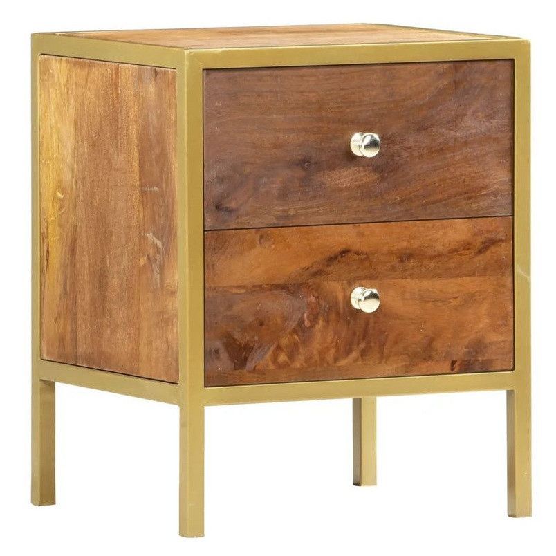 Chevet 2 tiroirs manguier massif et pieds métal doré Ambee - Photo n°1