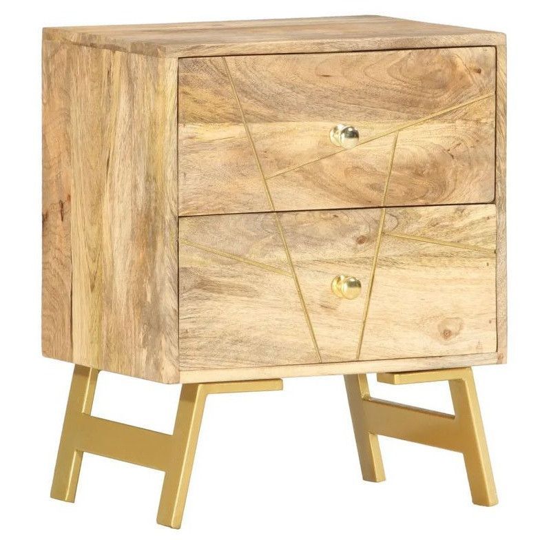 Chevet 2 tiroirs manguier massif et pieds métal doré Rakat - Photo n°1