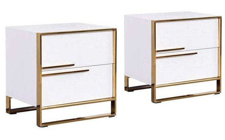 Chevet bois massif blanc et pieds métal doré Beneto - Lot de 2 - Photo n°1