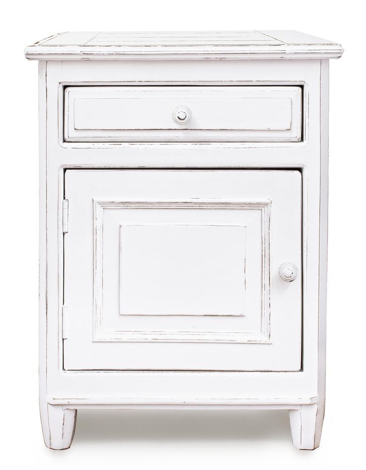 Chevet côté 1 porte en bois de manguier blanc patiné Kolita 50 cm - Photo n°1