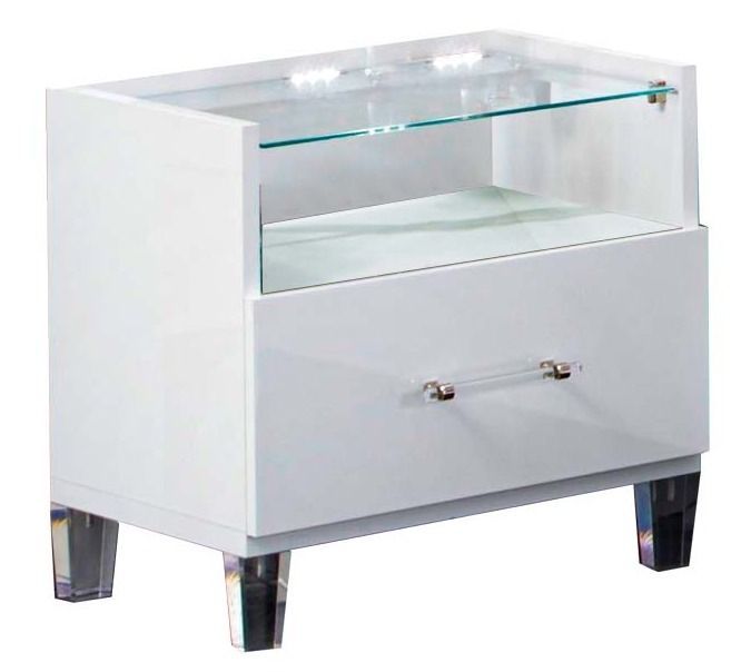 Chevet design bois blanc laqué et verre transparent à Led Krystal 60 cm - Photo n°1