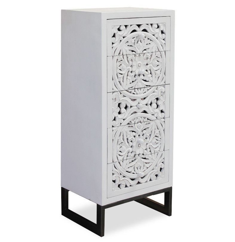 Chiffonnier 5 tiroirs bois blanc et métal noir Dias - Photo n°1