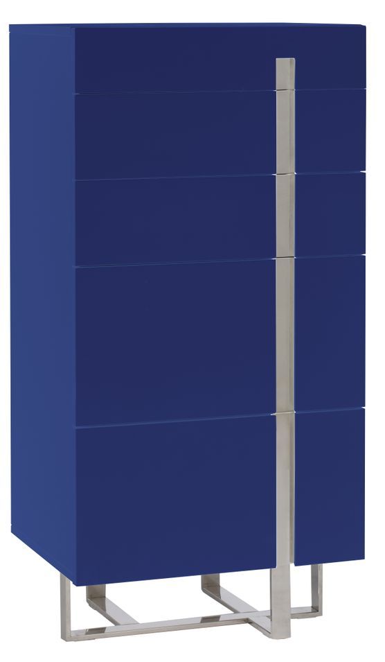 Chiffonnier 5 tiroirs bois laqué bleu marine et acier inoxydable Deza - Photo n°1