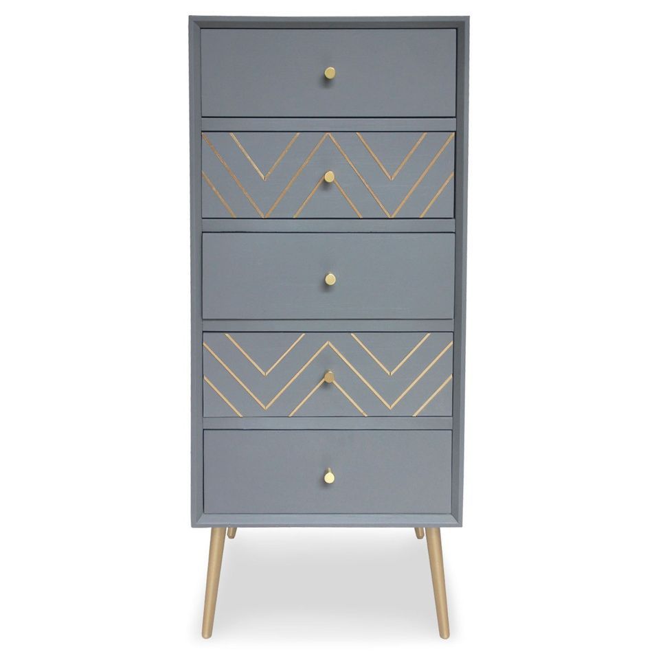 Chiffonnier 5 tiroirs bois massif gris et métal doré Lurim - Photo n°1