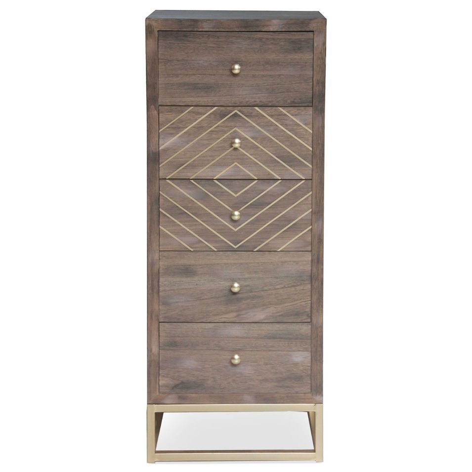 Chiffonnier 5 tiroirs chêne foncé et pieds métal doré Nilia - Photo n°1