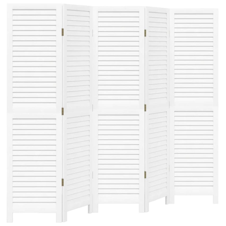 Cloison de séparation 5 panneaux blanc bois de paulownia massif - Photo n°1