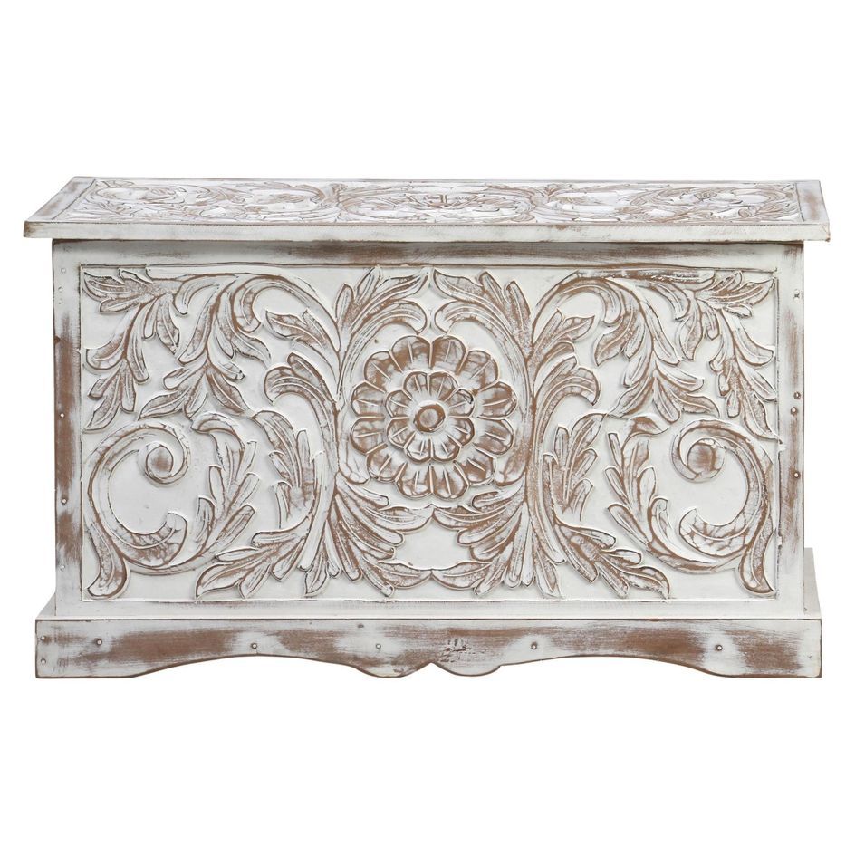 Coffre de rangement bois massif patiné blanc Toural - Photo n°1