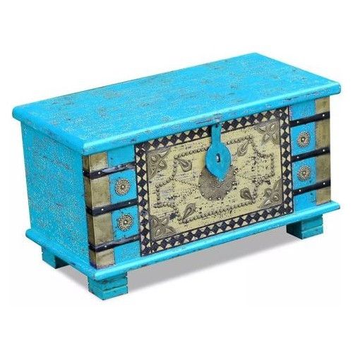 Coffre de rangement oriental manguier massif bleu turquoise Pinkie - Photo n°1