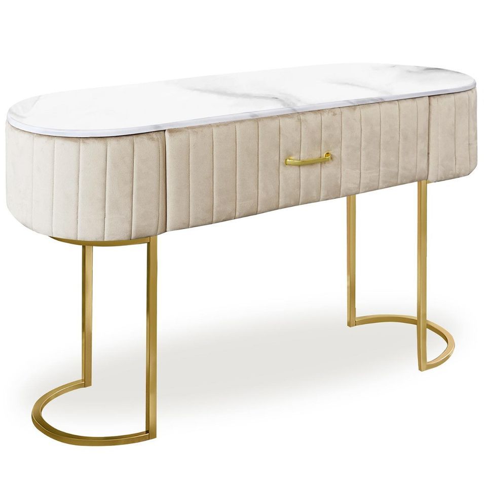 Coiffeuse 1 tiroir velours beige et pieds métal doré Lazuli - Photo n°1