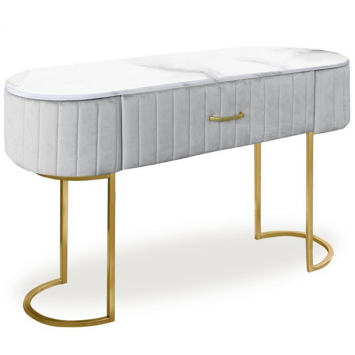 Coiffeuse 1 tiroir velours gris et pieds métal doré Lazuli - Photo n°1