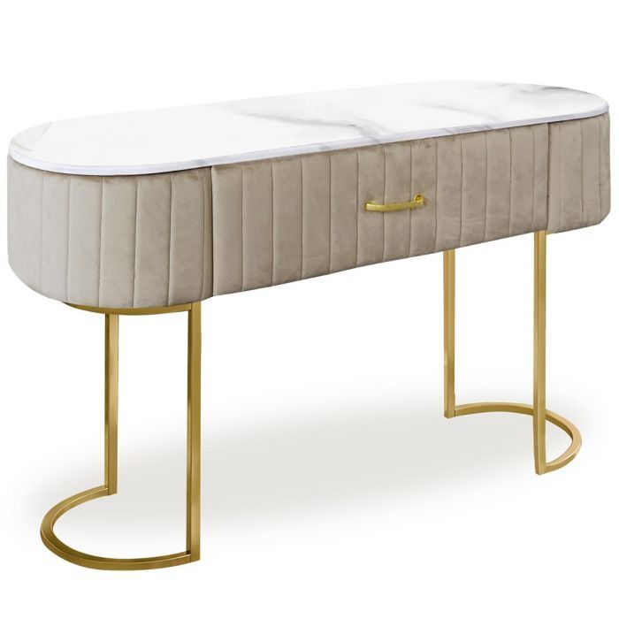 Coiffeuse 1 tiroir velours taupe et pieds métal doré Lazuli - Photo n°1