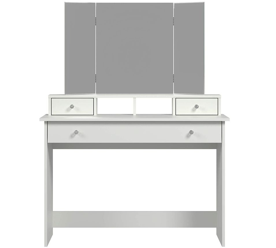 Coiffeuse avec miroir pliable 3 tiroirs laqué blanc Bayle - Photo n°1