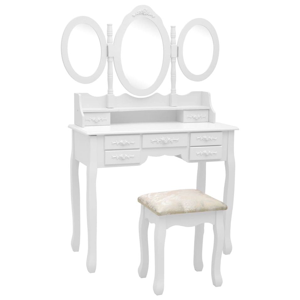 Coiffeuse avec tabouret et miroir pliable en 3 Blanc - Photo n°1