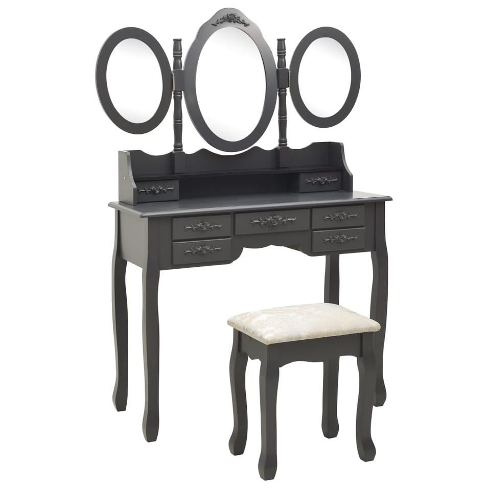 Coiffeuse avec tabouret et miroir pliable en 3 Gris - Photo n°1