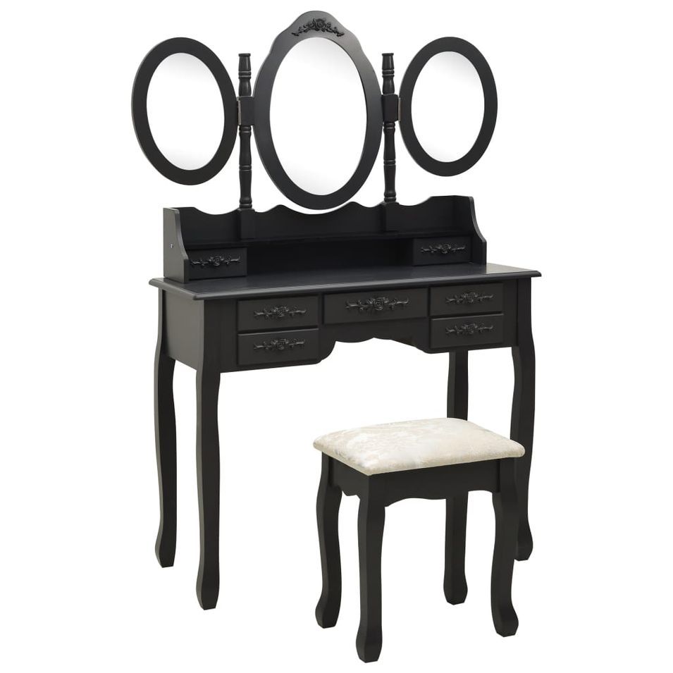 Coiffeuse avec tabouret et miroir pliable en 3 Noir - Photo n°1
