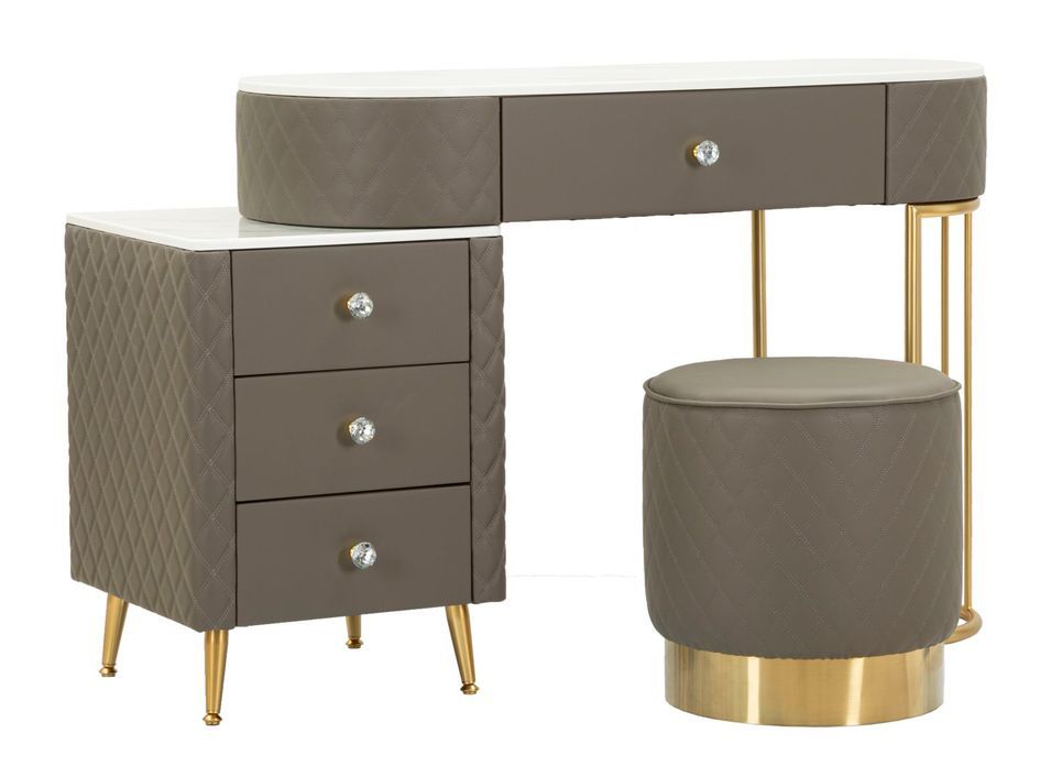 Coiffeuse Sharon grise avec tabouret et plateau effet marbre - Photo n°1