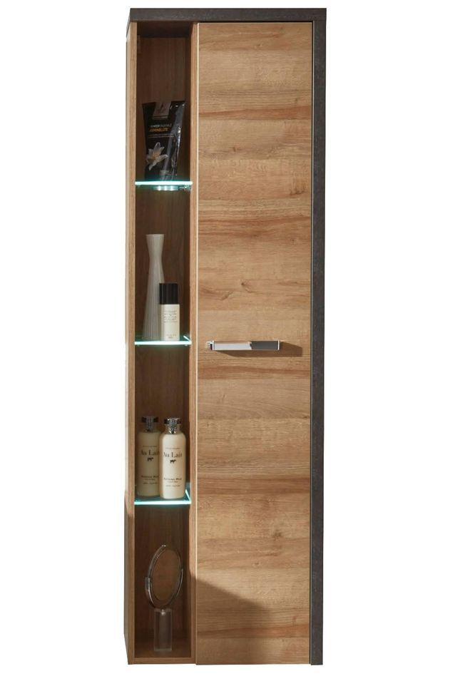 Colonne de salle de bain suspendue 1 porte chêne Riviera miel et gris béton Babel 160 cm - Photo n°1