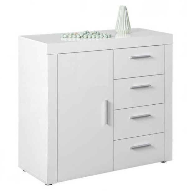 Commode 1 porte 4 tiroirs blanc brillant Berco 94 cm - Photo n°1