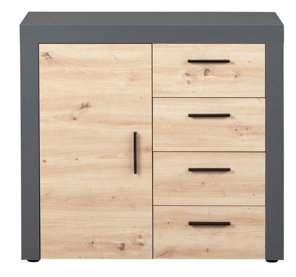 Commode 1 portes 4 tiroirs bois chêne artisan et du gris anthracite Mione 94 cm - Photo n°1