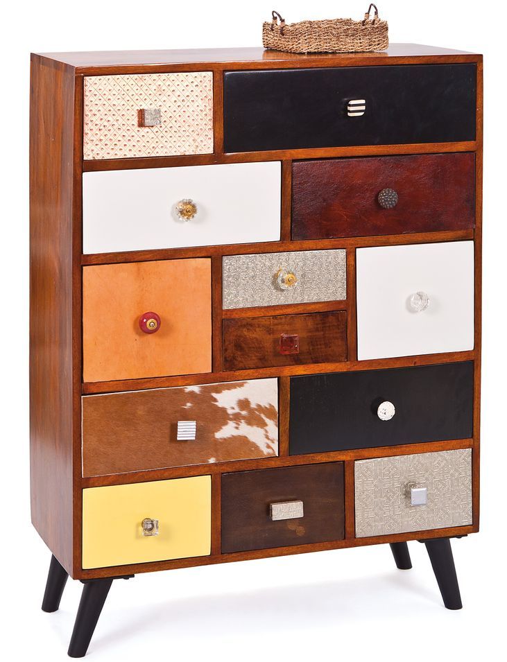 Commode 13 tiroirs bois massif foncé et multicolore Lanita - Photo n°1