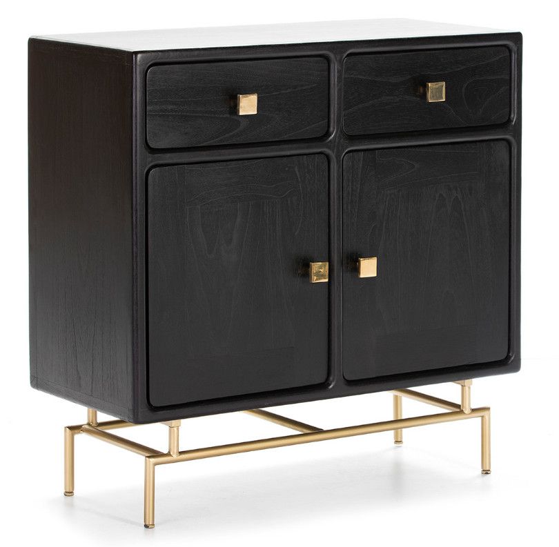 Commode 2 portes bois massif noir et pieds métal doré - Photo n°1