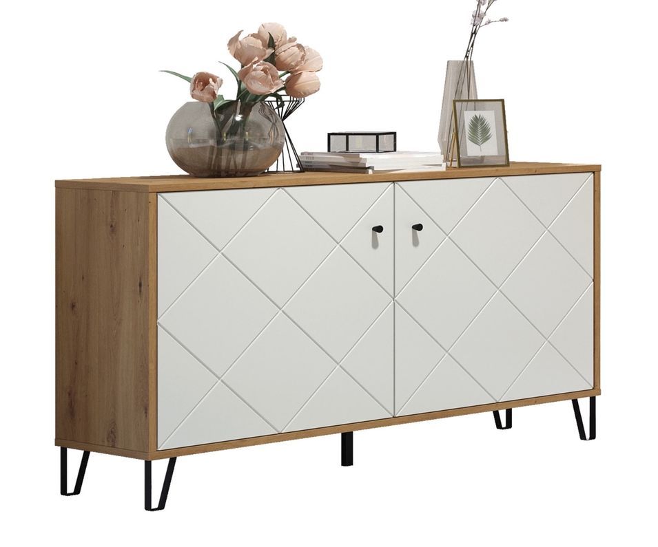 Commode 2 portes chêne artisan et blanc mat Kidou 123 cm - Photo n°1