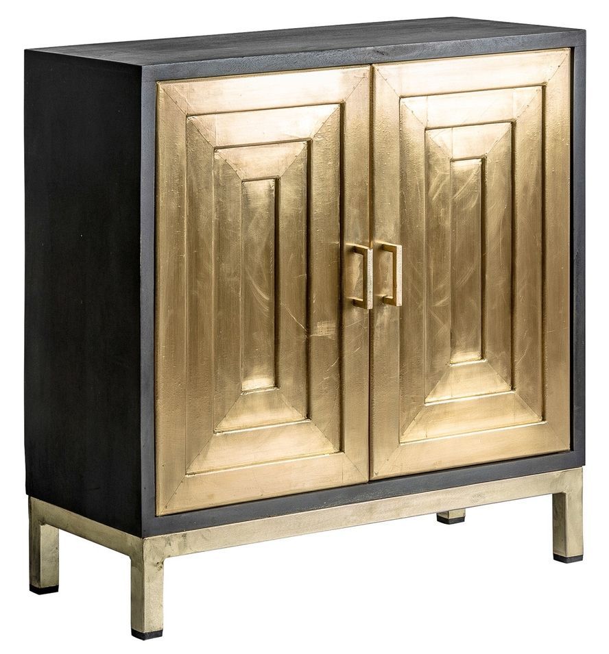 Commode 2 portes manguier massif noir et métal doré Keran - Photo n°1