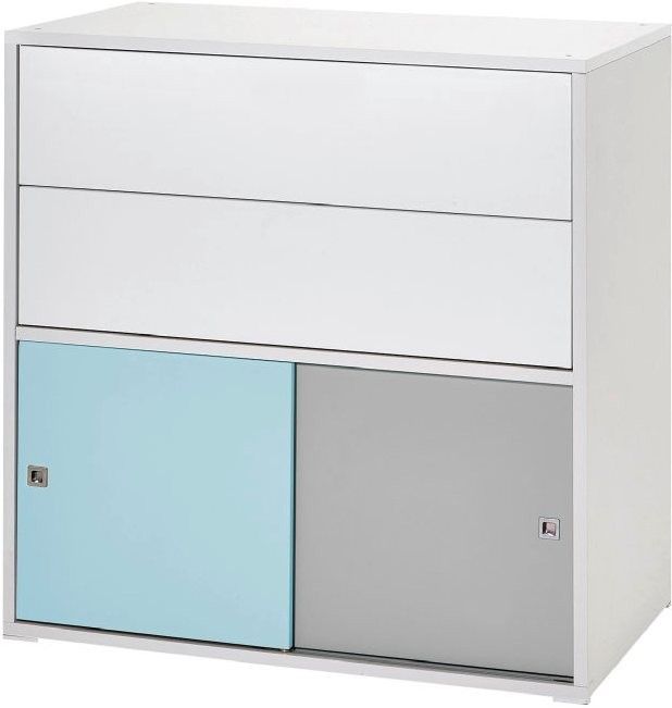 Commode 2 tiroirs 2 portes laqué blanc bleu et gris Clic - Photo n°1