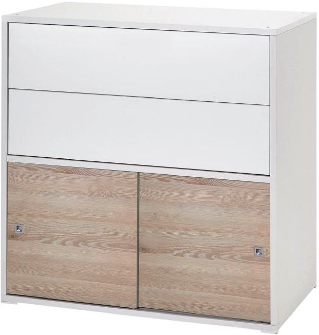 Commode 2 tiroirs 2 portes laqué blanc et naturel Clic - Photo n°1