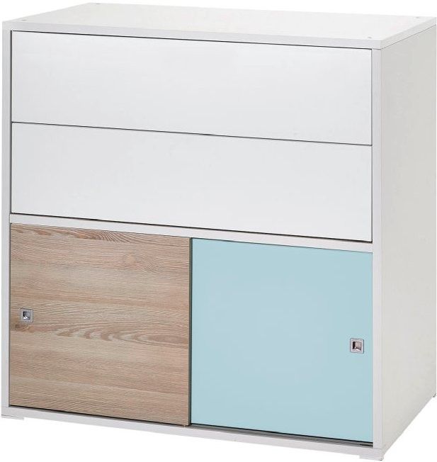 Commode 2 tiroirs 2 portes laqué blanc naturel et bleu Clic - Photo n°1