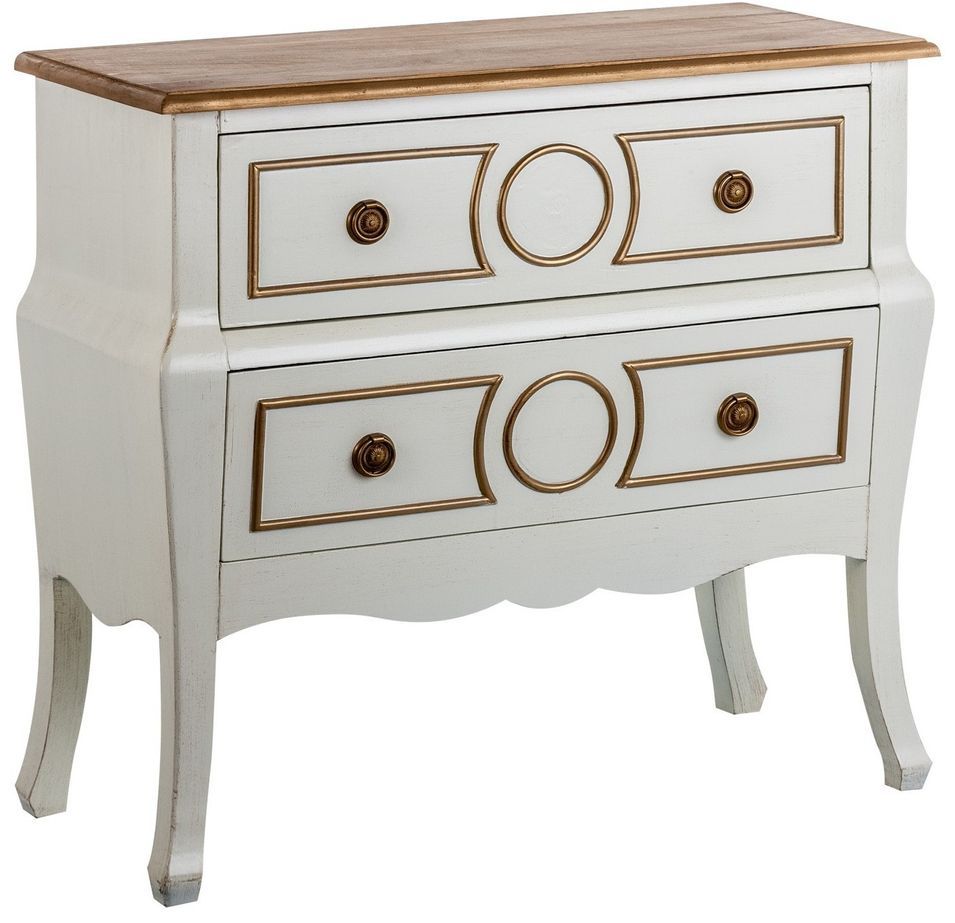 Commode 2 tiroirs bois de paulownia blanc et doré Rohan - Photo n°1