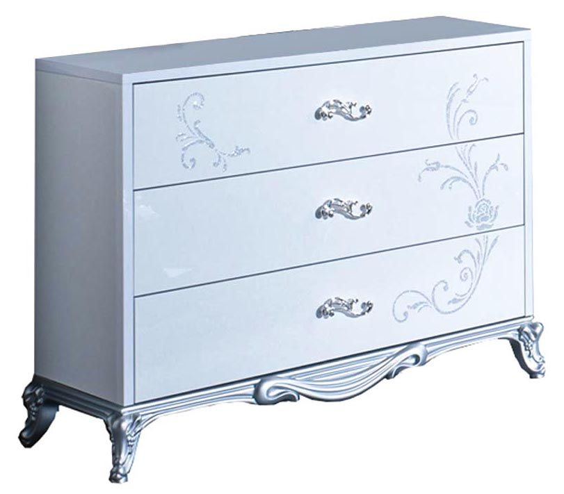 Commode 3 grands tiroirs bois laqué blanc et argent Dany 118 cm - Photo n°1