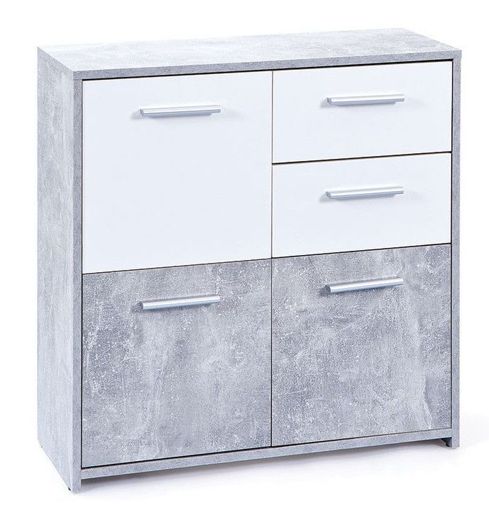 Commode 3 portes 2 tiroirs mélaminé blanc et effet béton Flav - Photo n°1
