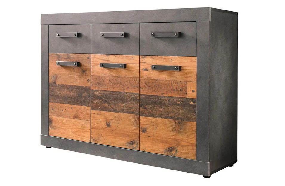 Commode 3 portes 3 tiroirs mélaminé chêne foncé et gris Orcel - Photo n°1